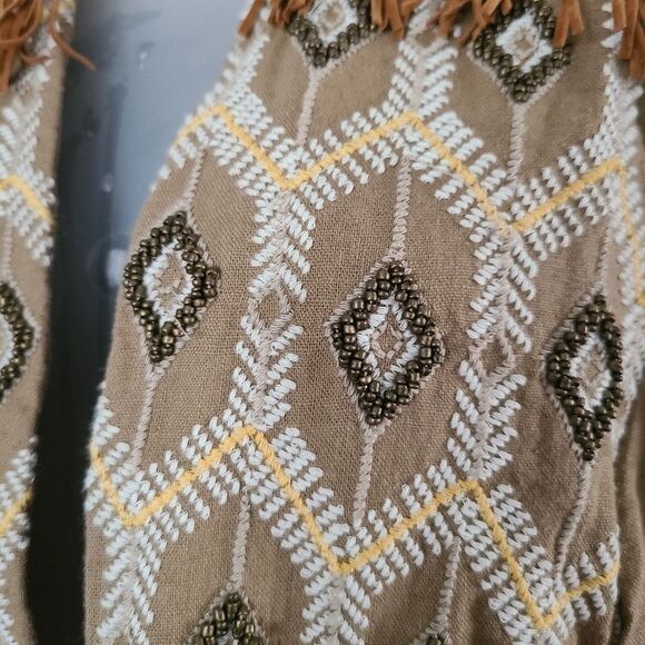 Chicos Buttered Rum Diamond Artisan Beaded Boho Fringed Linen Blend Jacket sz S - Picture 3 of 9